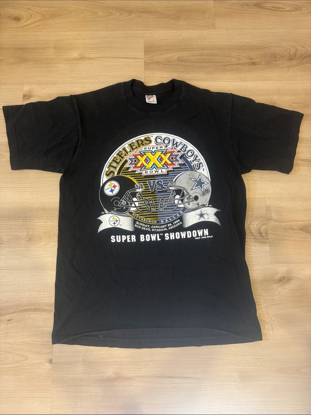 Vintage Jerzees Men’s Large 1996 Black SuperBowl XXX Steelers vs Cowboys T-Shirt